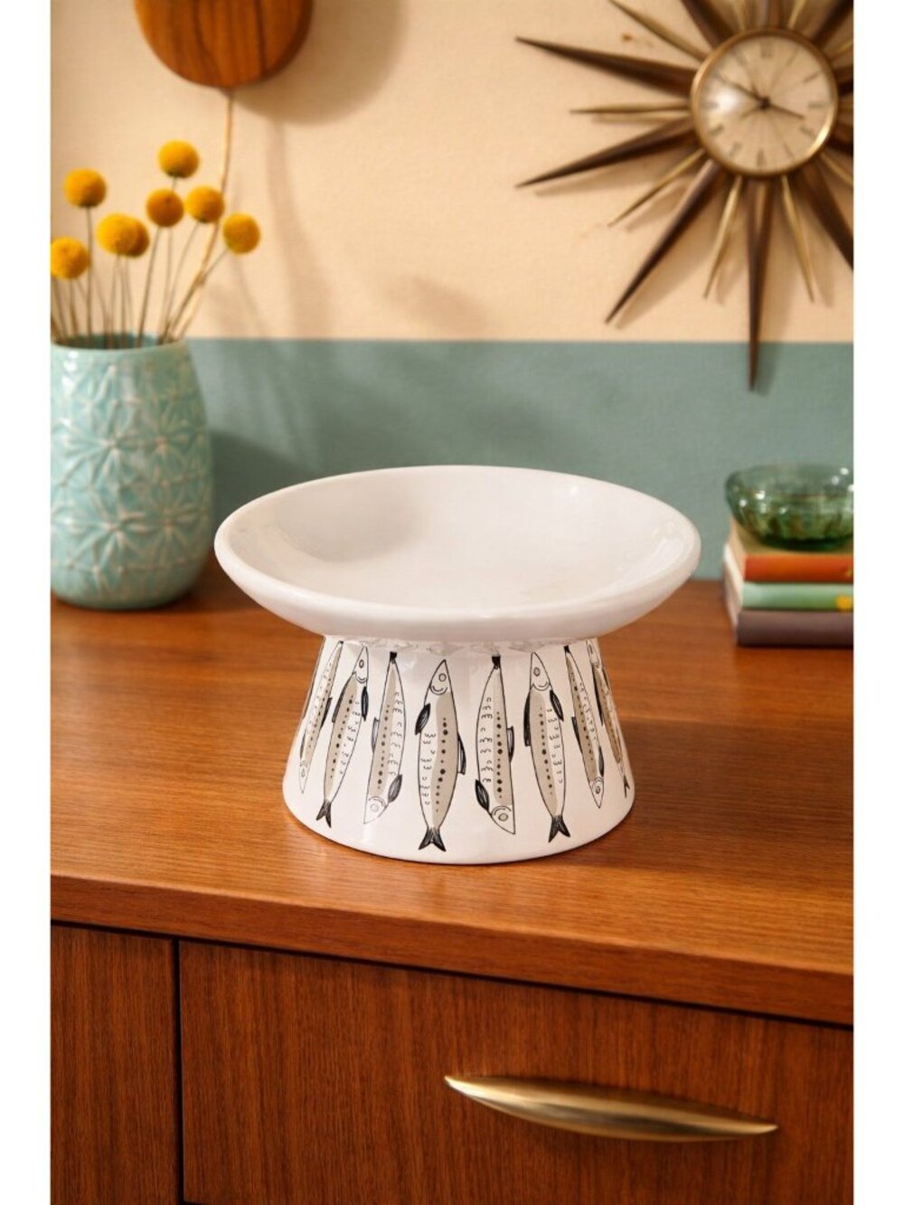 New MCM Brown Black Sardines Fish Ceramic Raised Cat Pedestal Food Bowl